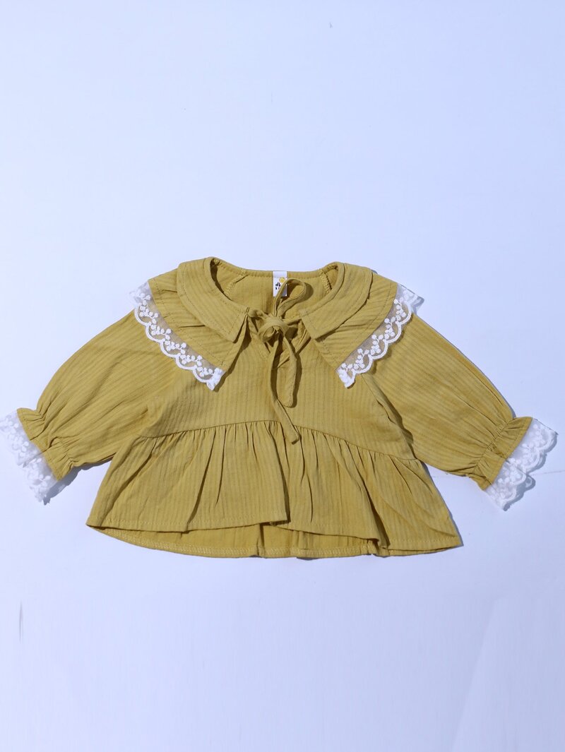 

Girls Contrast Lace Tie Neck Blouse, Yellow