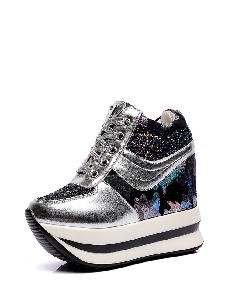 silver glitter wedge sneakers