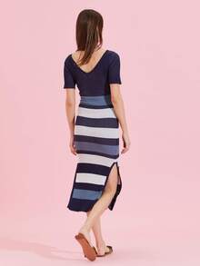 Knitted Stripe Midi Split Side Dress - Navy Blue - View 2