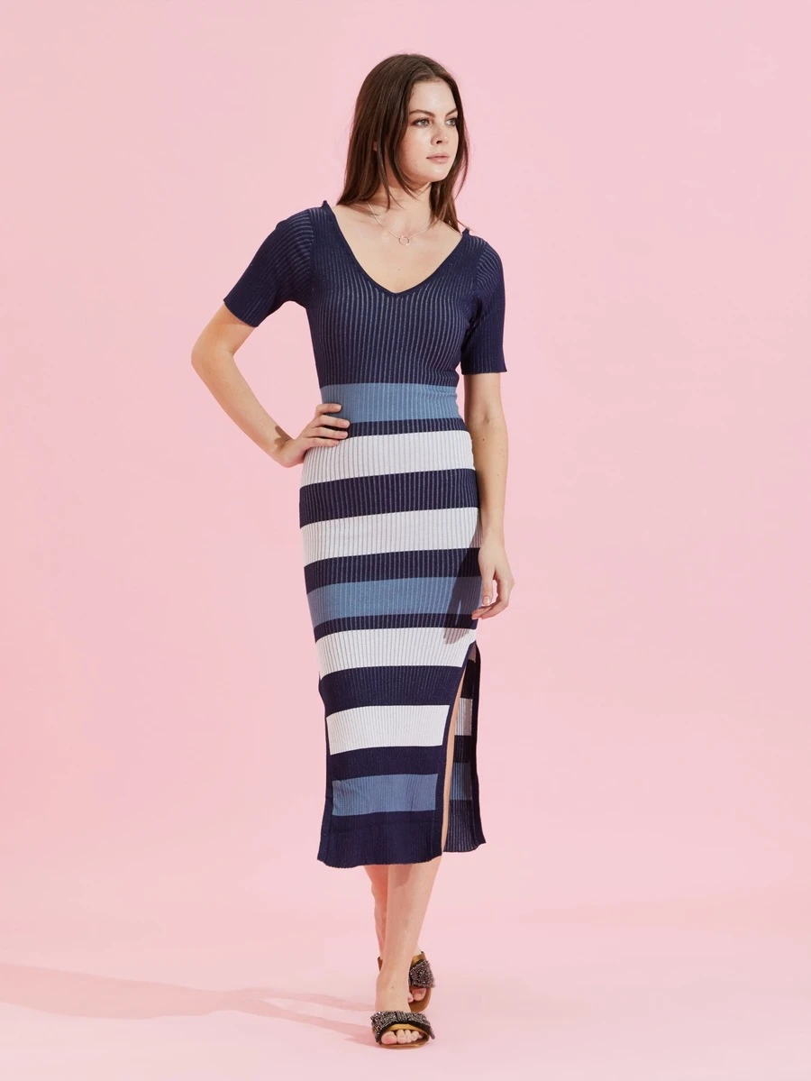 Knitted Stripe Midi Split Side Dress - Navy Blue - View 1