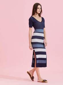 Knitted Stripe Midi Split Side Dress - Navy Blue - View 4
