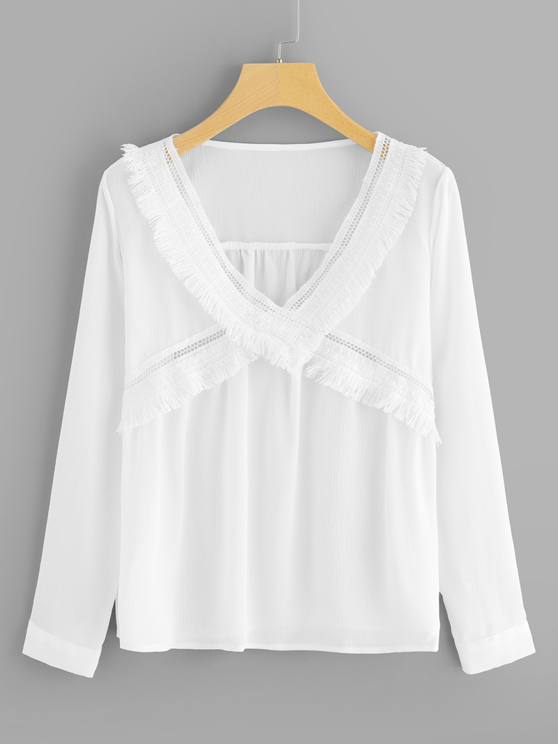 

Solid Fringe Trim V Neck Blouse, White