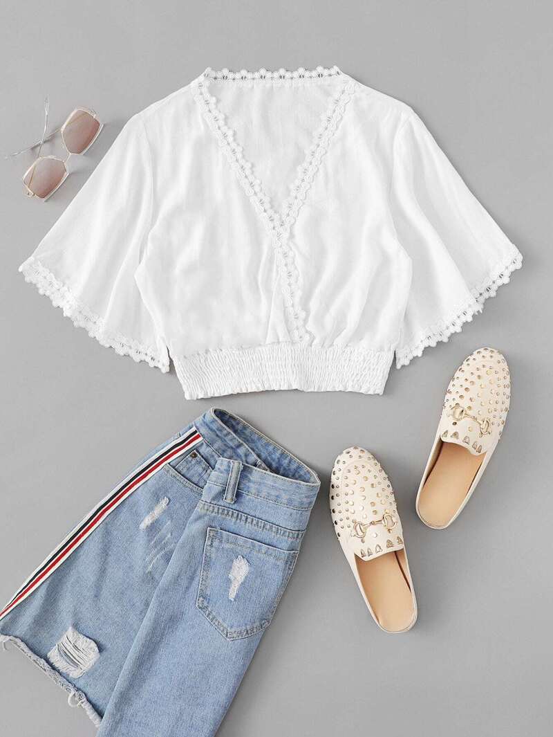 

Contrast Lace V Neck Solid Top, White