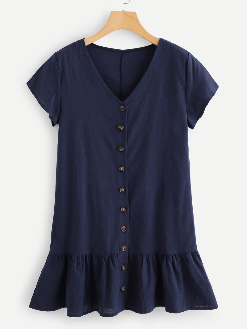 

Single Breasted Solid Ruffle Hem Dress, Navy