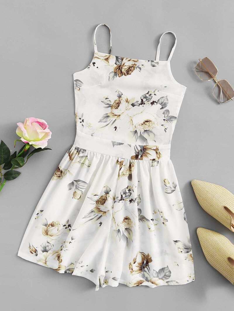 

Knot Back Floral Cami Romper, Beige