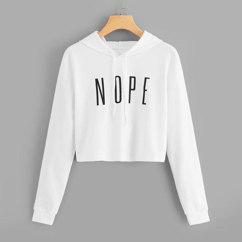 

Letter Print Drawstring Crop Hoodie, White