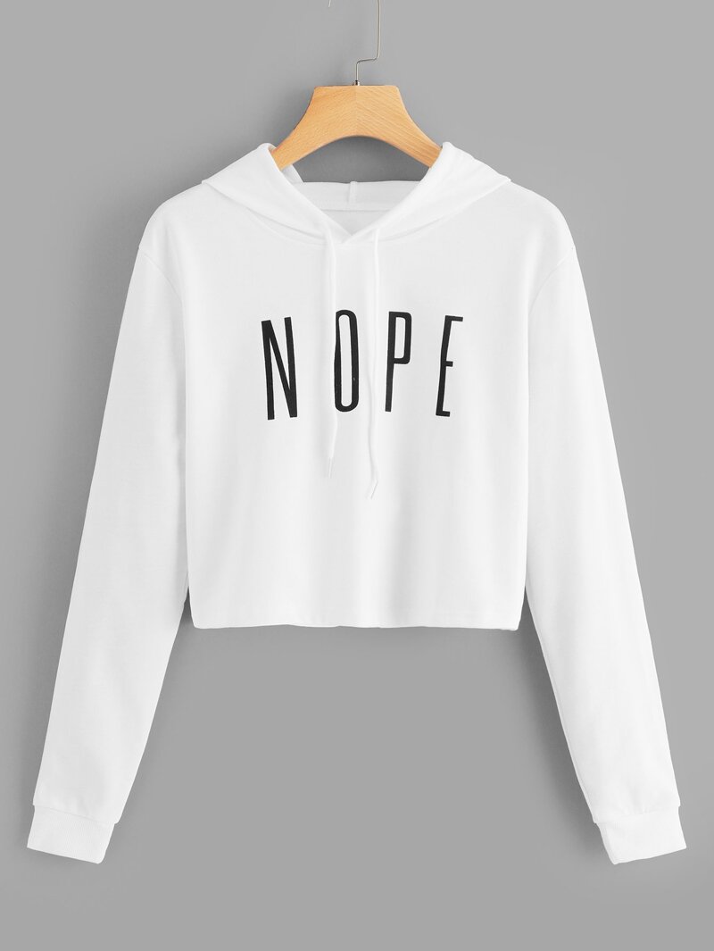 

Letter Print Drawstring Crop Hoodie, White