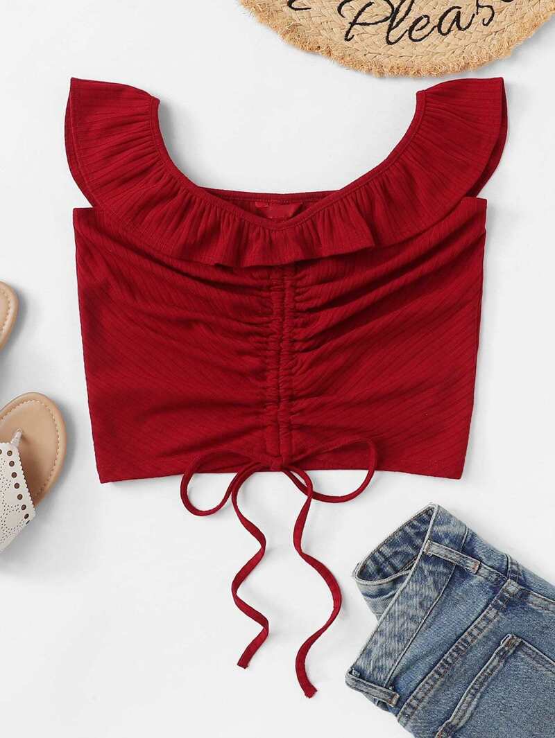 

Drawstring Front Solid Knit Tee, Burgundy