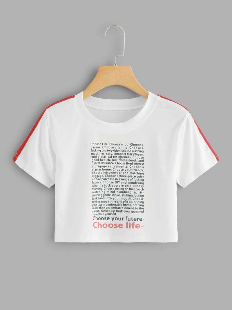 

Striped Slogan Print Crop Tee, White