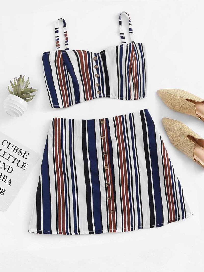 

Stripe Button Front Cami Top With Skirt, Multicolor