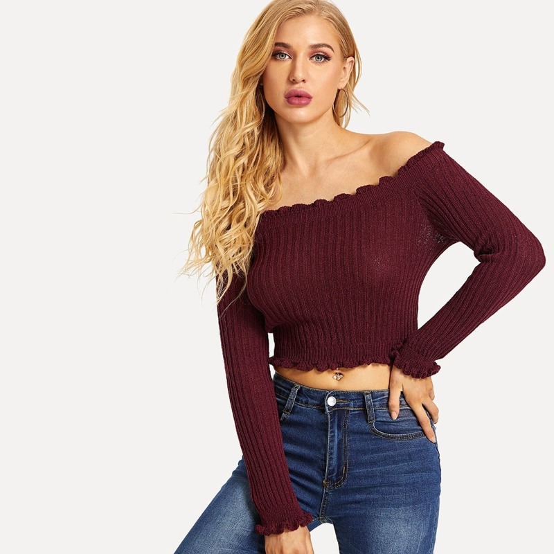

Solid Off Shoulder Frill Trim Sweater, Burgundy