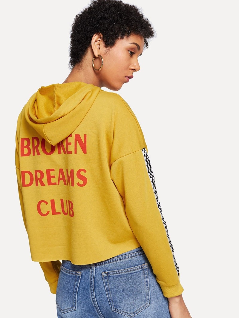 

Gingham Panel Sleeve Letter Print Hoodie, Yellow