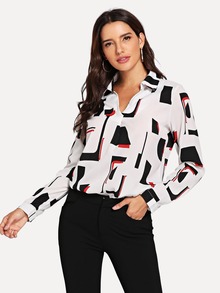 Geometric Print Curved Hem Blouse