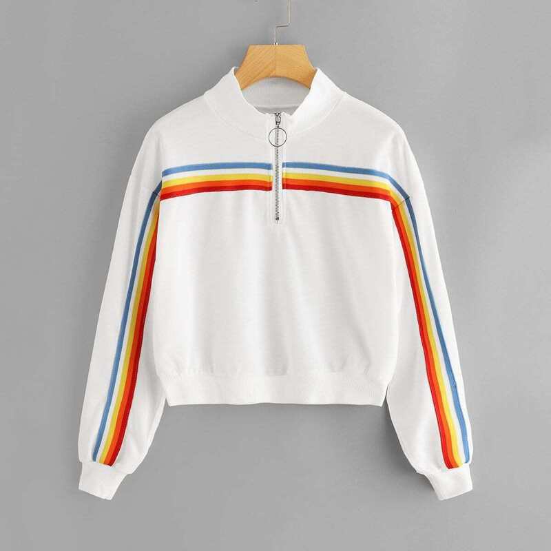 

Striped Zip Neck Sweatshirt, White
