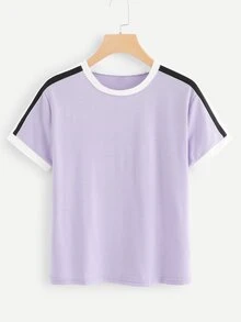 Round Neck Ringer Tee - Lilac Purple - View 1