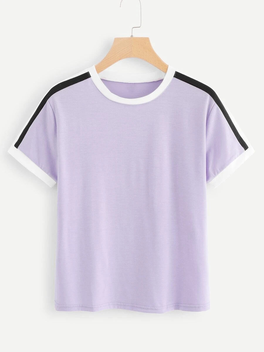 Round Neck Ringer Tee - Lilac Purple - View 1