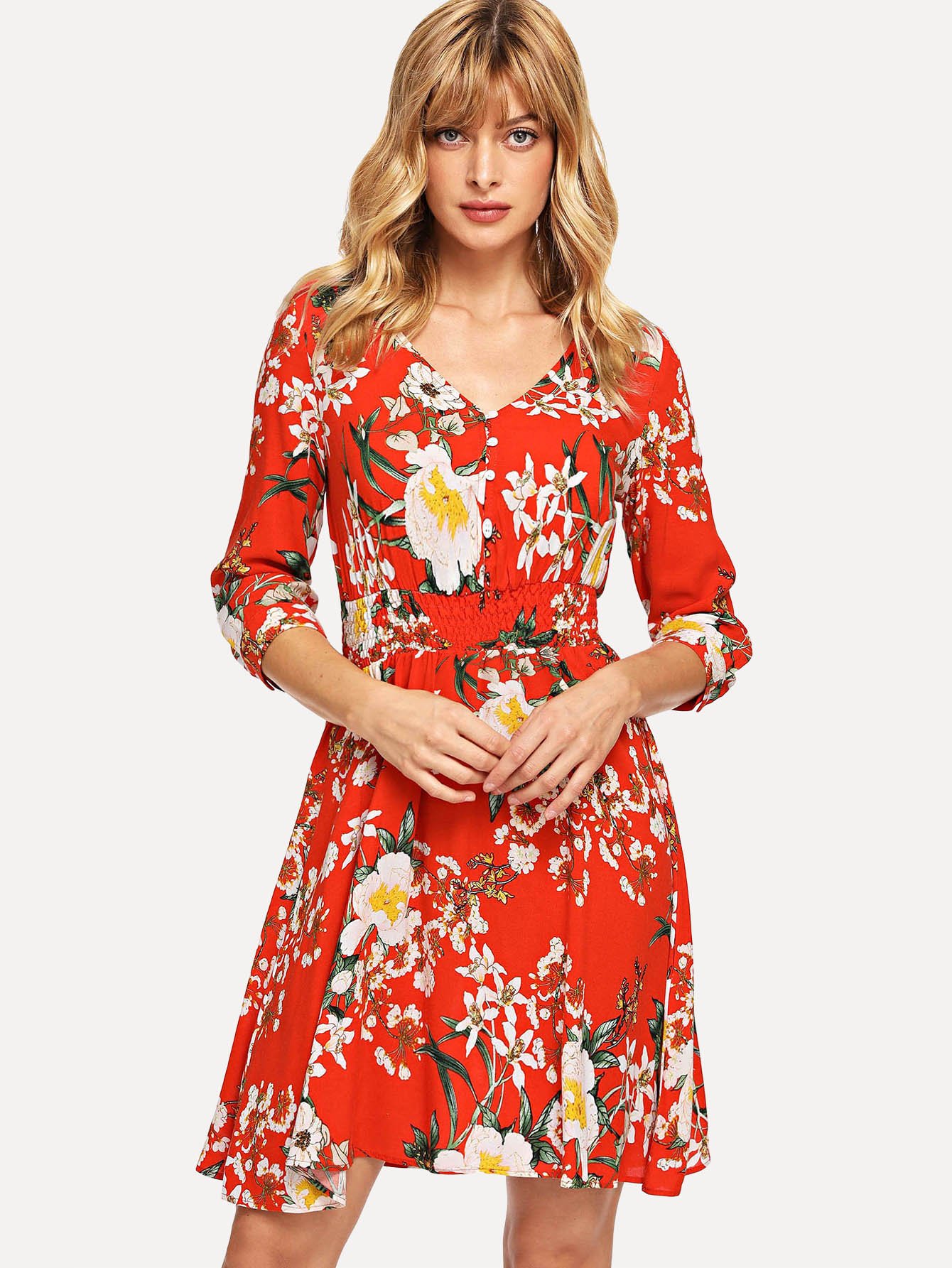 button front shirred waist floral dress -shein(sheinside)