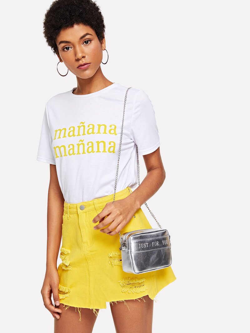

Letter Print Crossbody Chain Bag, Silver