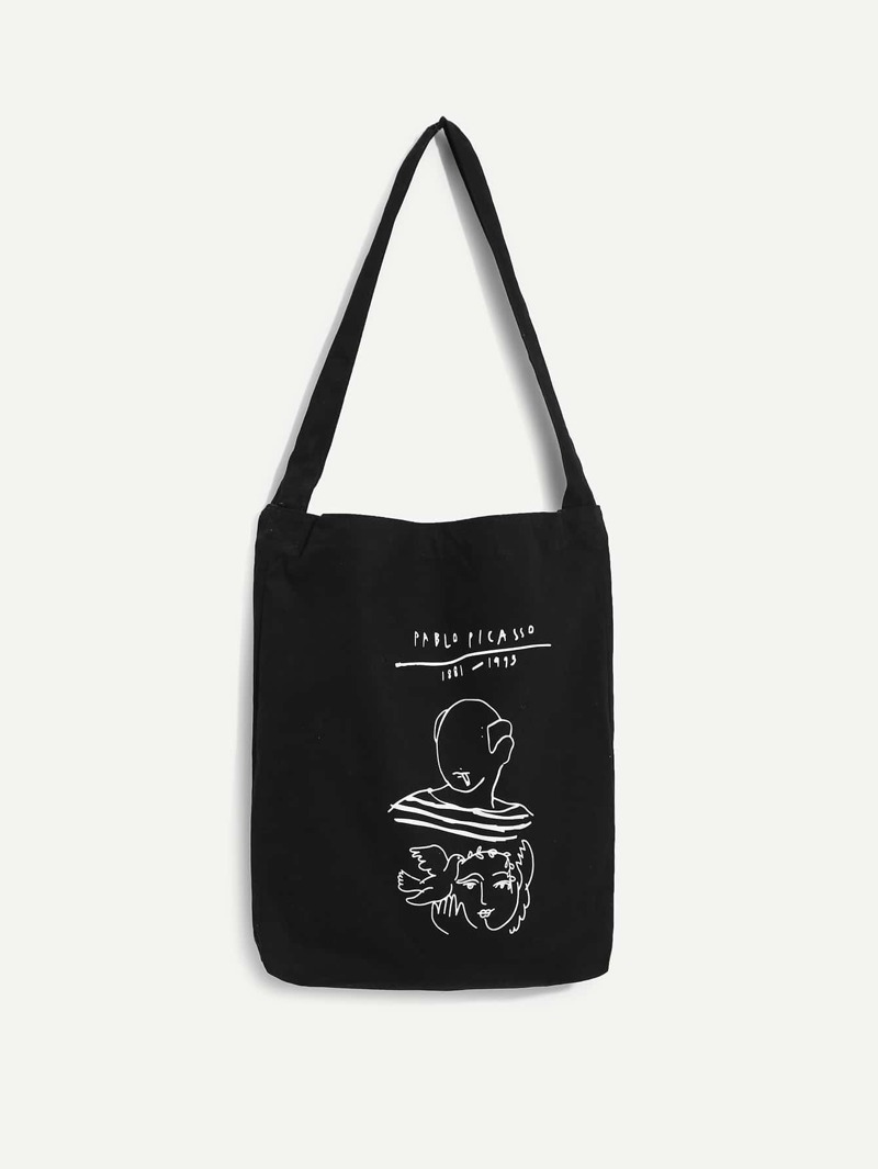 

Cartoon Print Canvas Shoulder Bag, Black