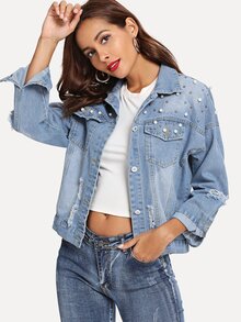 Pearls Beaded Ripped Denim Jacket
