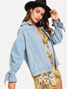 Knot Flower Embroidered Denim Jacket