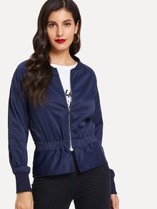 Solid Elastic Waist Zip Up Jacket