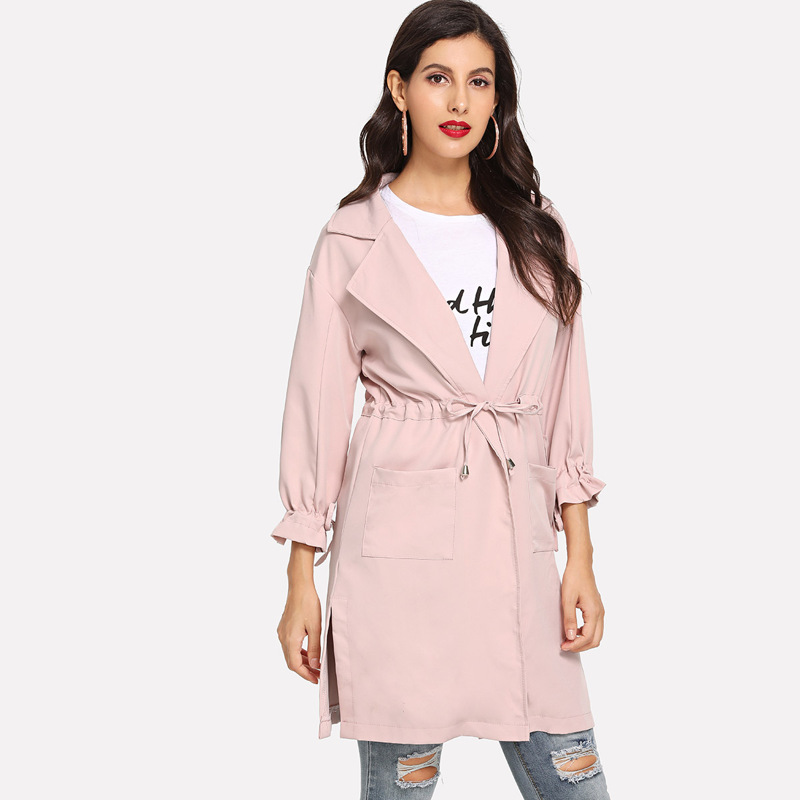 

Solid Drawstring Waist Split Side Coat, Pink