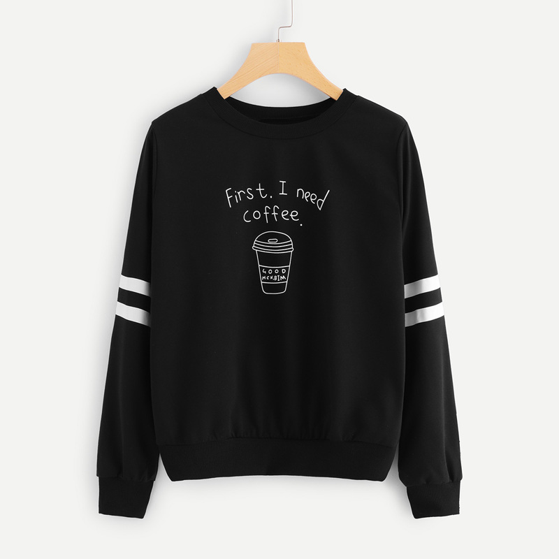 

Black Coffee Cup Letters Print Striped Sweatshirt