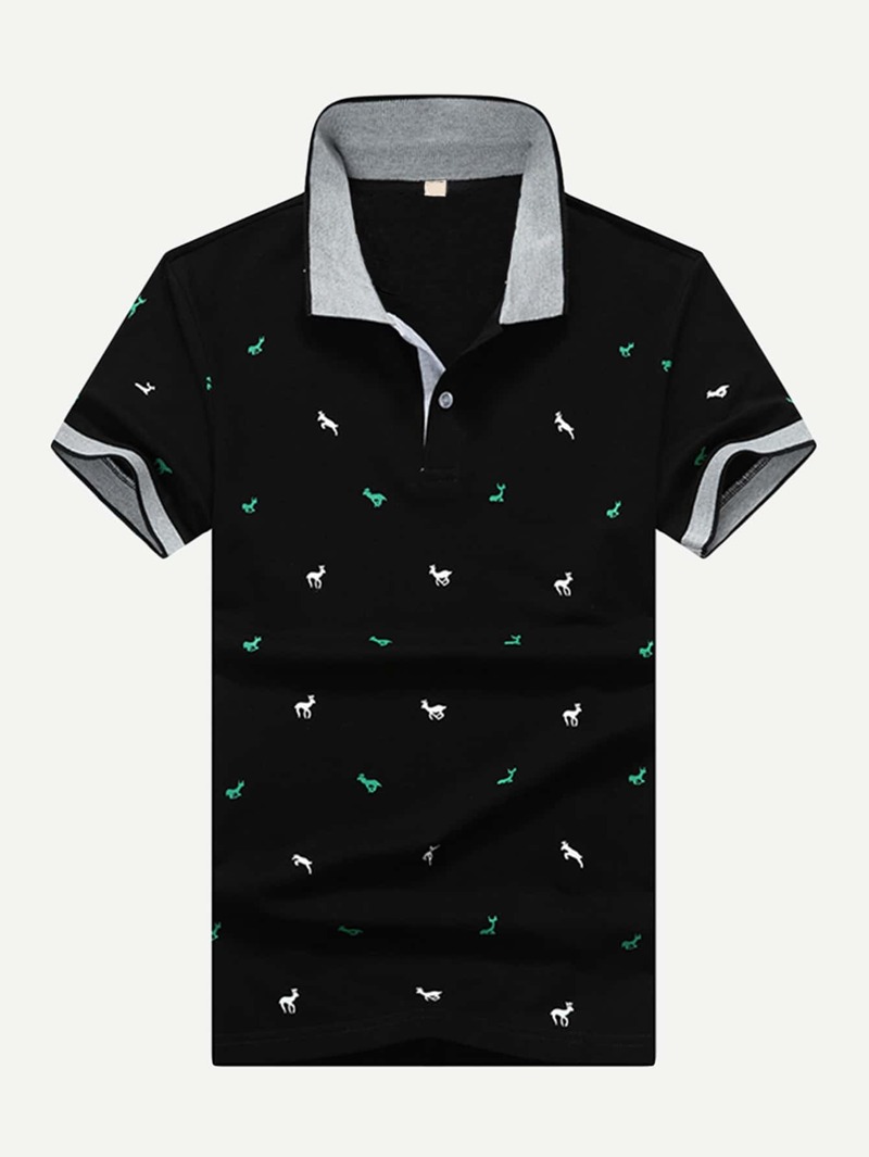 

Men Animal Print Polo Shirt, Black