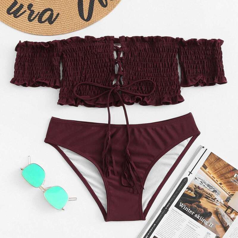 

Off The Shoulder Lace-Up Ruched Bikini Set, Burgundy