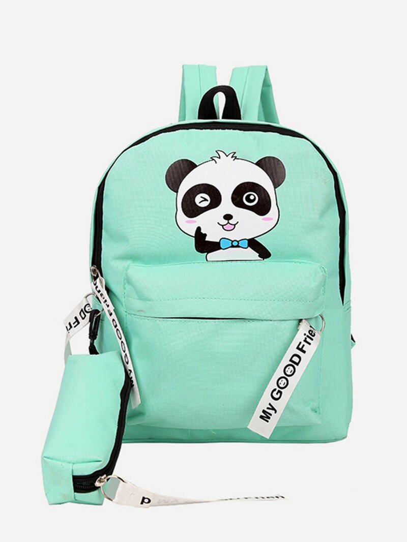 

Cartoon Print Backpack With Pencil Case, Green