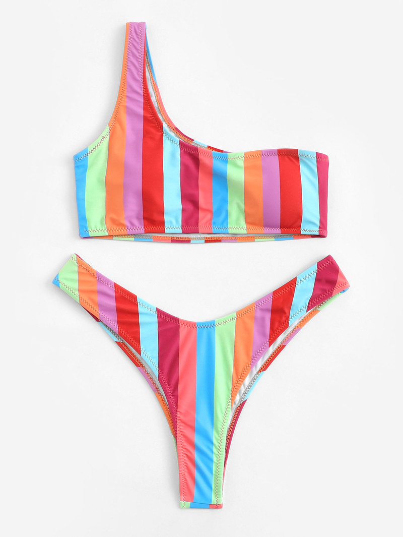 

One Shoulder Random Striped Bikini Set, Multicolor