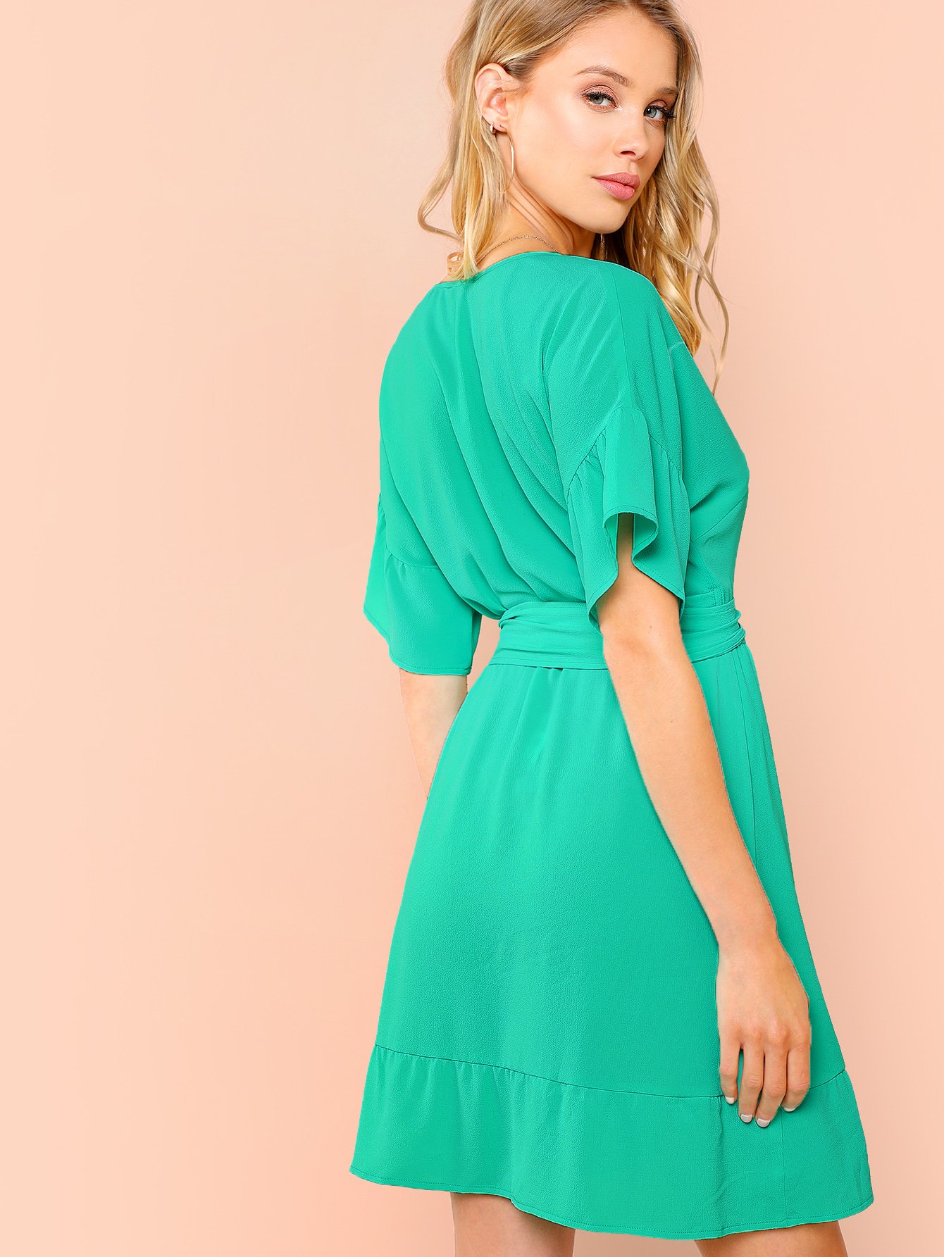 flounce sleeve surplice wrap dress -shein(sheinside)