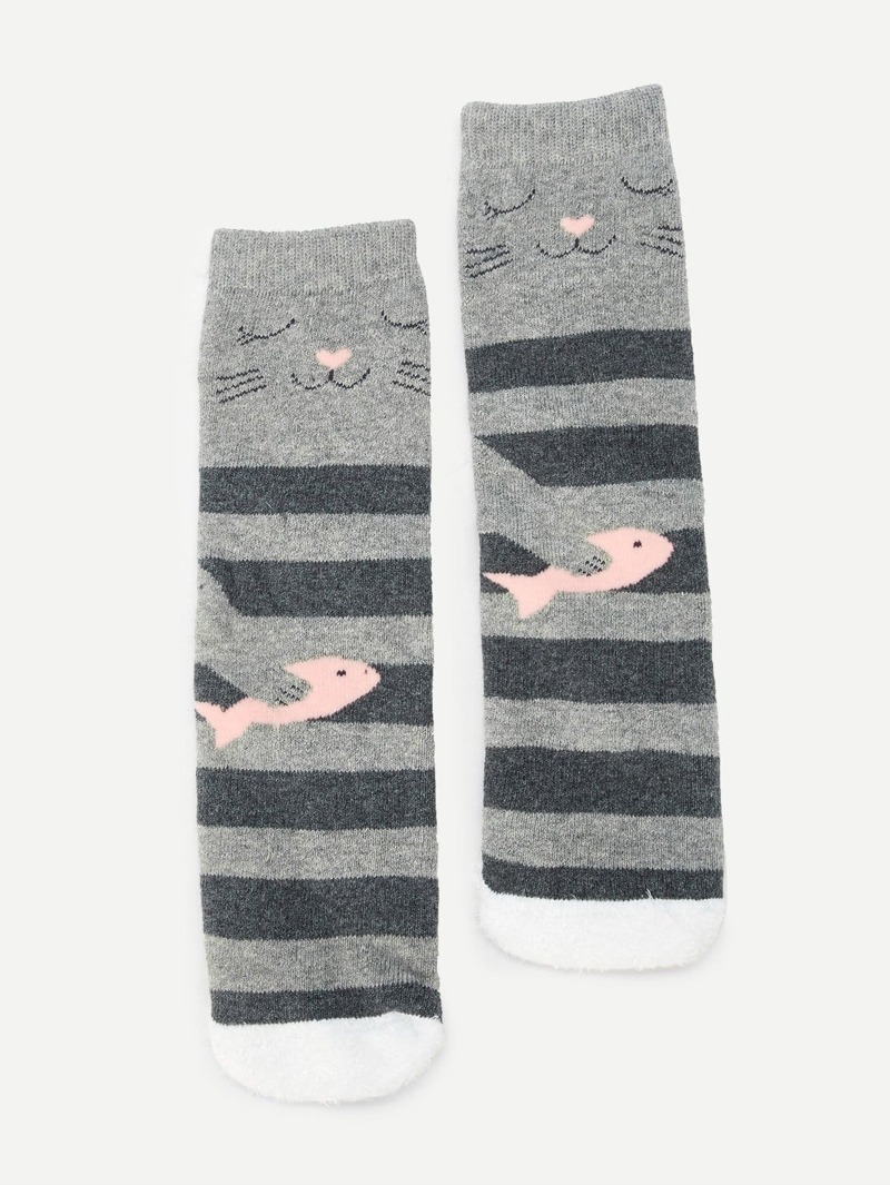 

Girls Striped Cartoon Socks, Grey