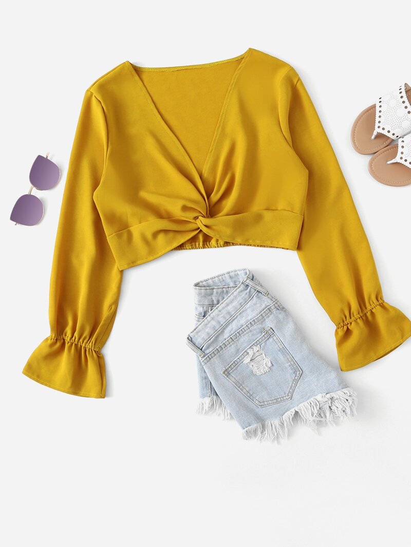 

Deep V Neck Twist Front Blouse, Yellow