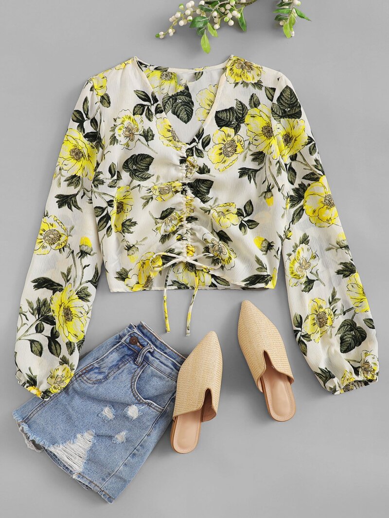 

Floral Print Drawstring Front Blouse, Multicolor