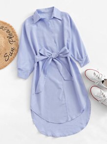 Striped Dip Hem Belted Dress