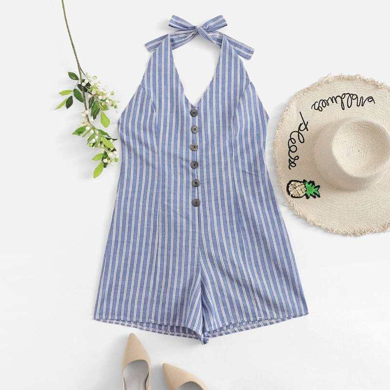 

Single Breasted Striped Halter Jumpsuit, Multicolor