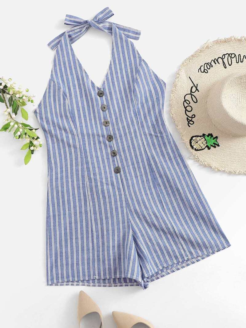 

Single Breasted Striped Halter Jumpsuit, Multicolor
