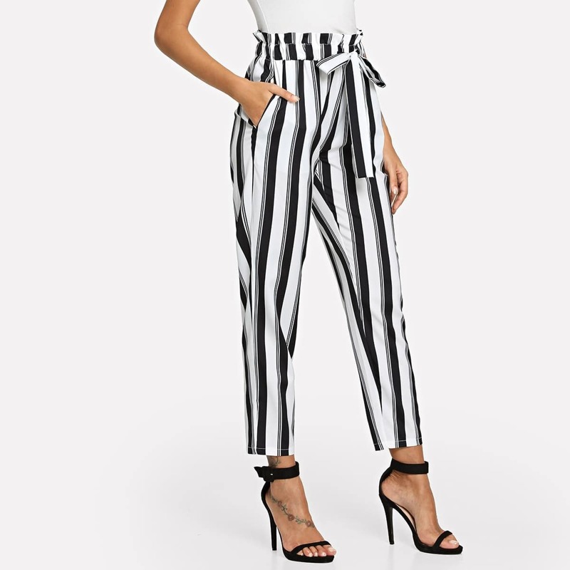 

Striped Frill Drawstring Waist Pants, Black and white