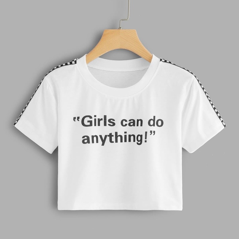 

Slogan Print Gingham Tape Crop Tee, White