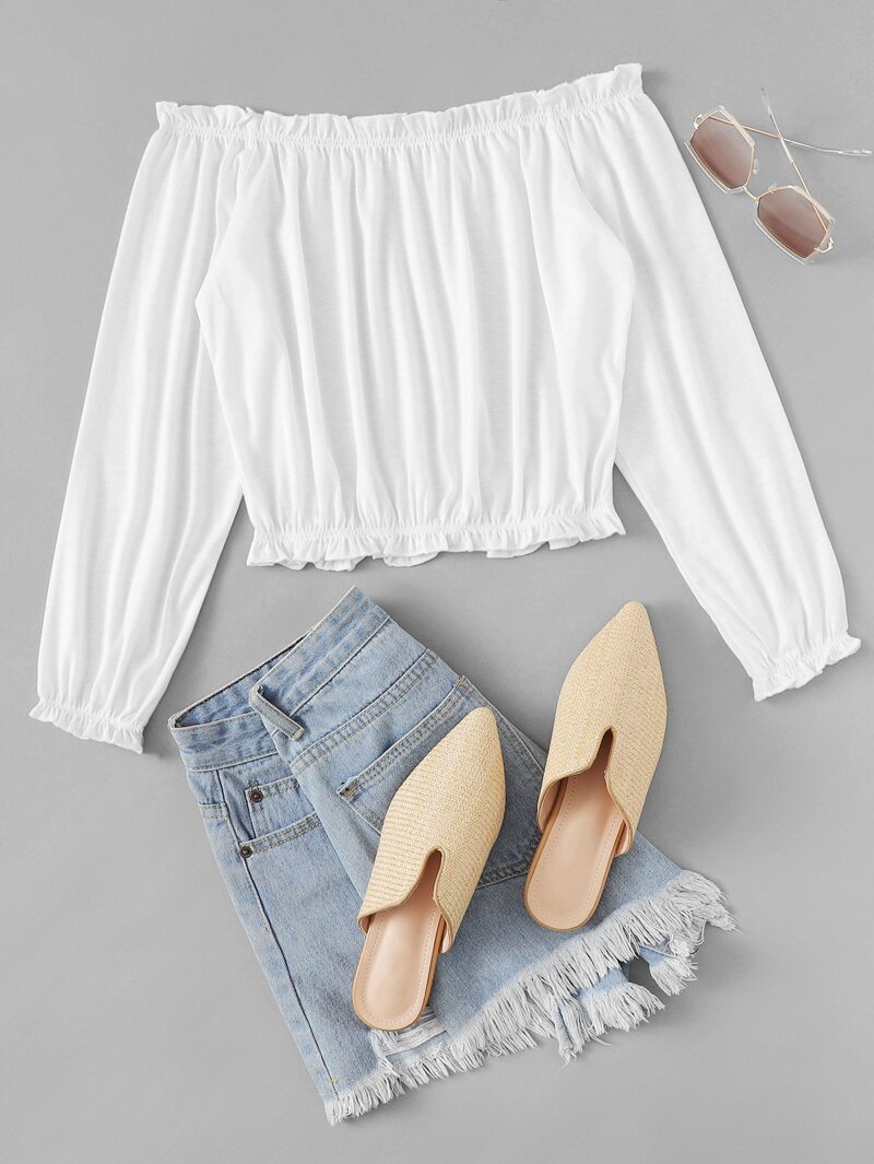 

Frill Trim Off Shoulder Tee, White
