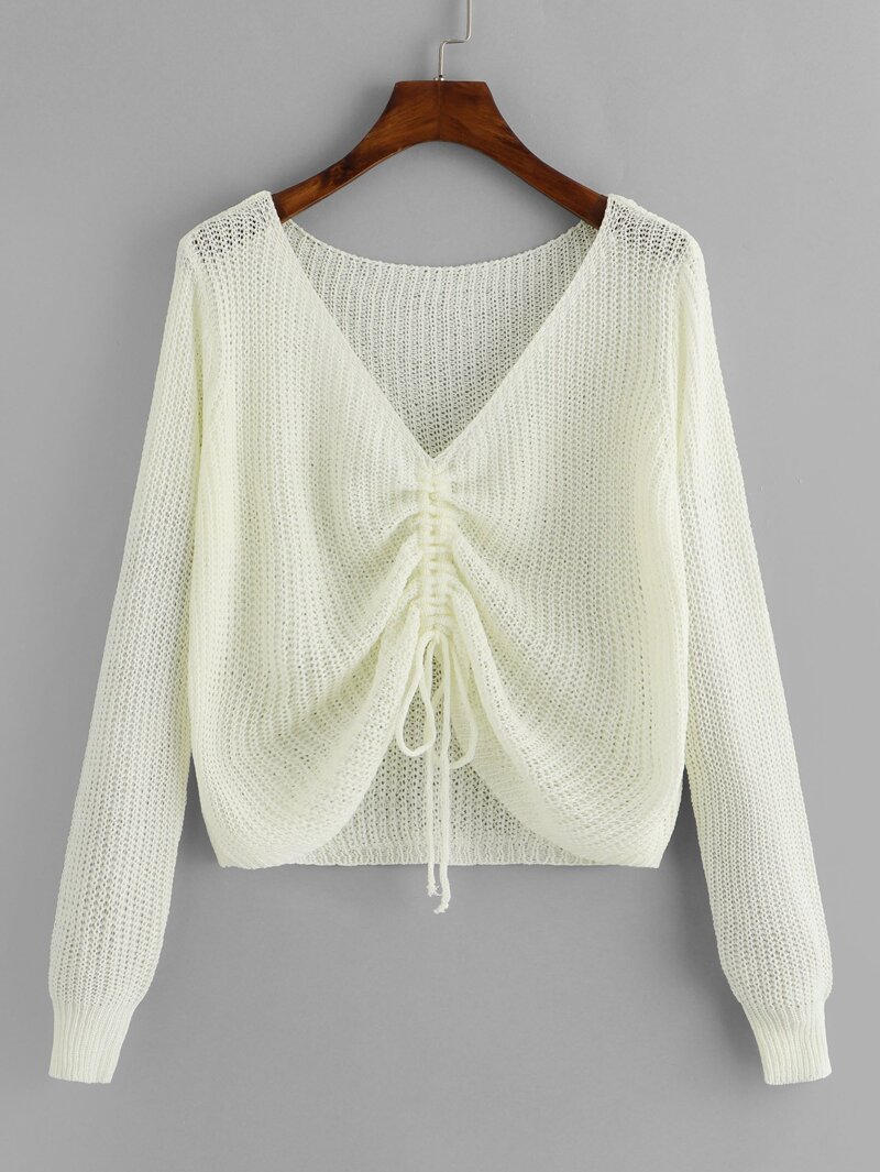

Drawstring Front V Neck Jumper, Beige