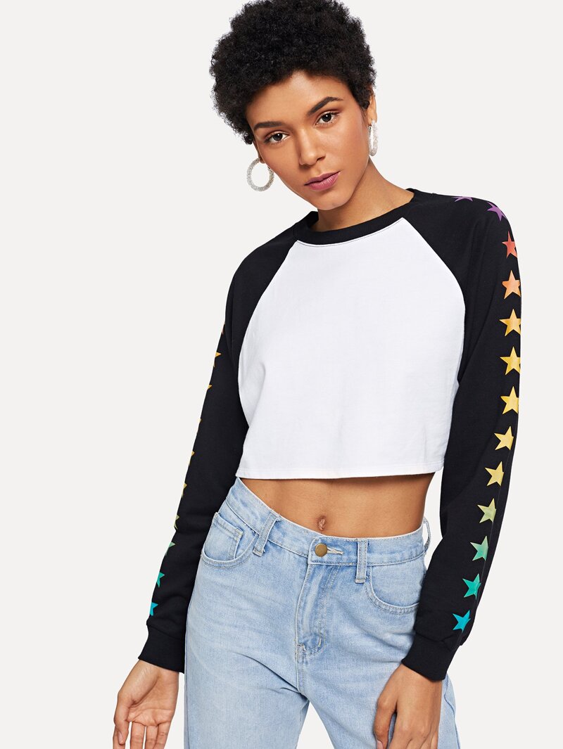 

Star Print Raglan Sleeve Sweatshirt, White, Ana