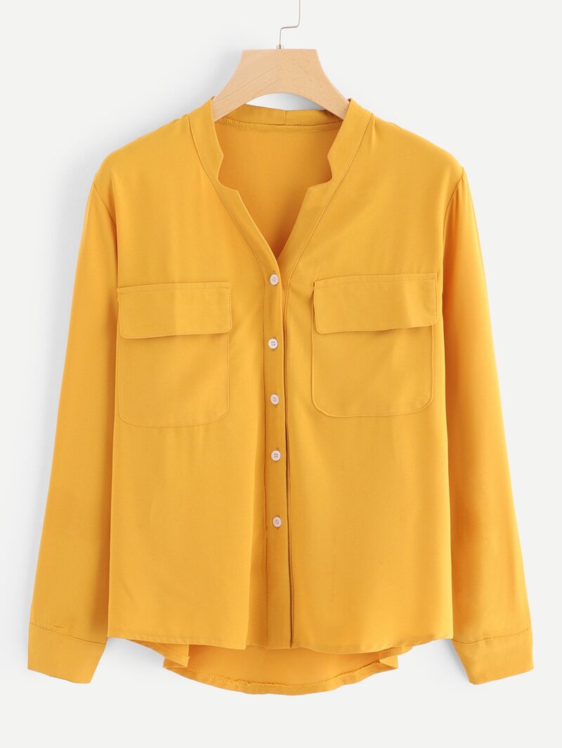 

Pocket Decoration V Neck Blouse, Yellow
