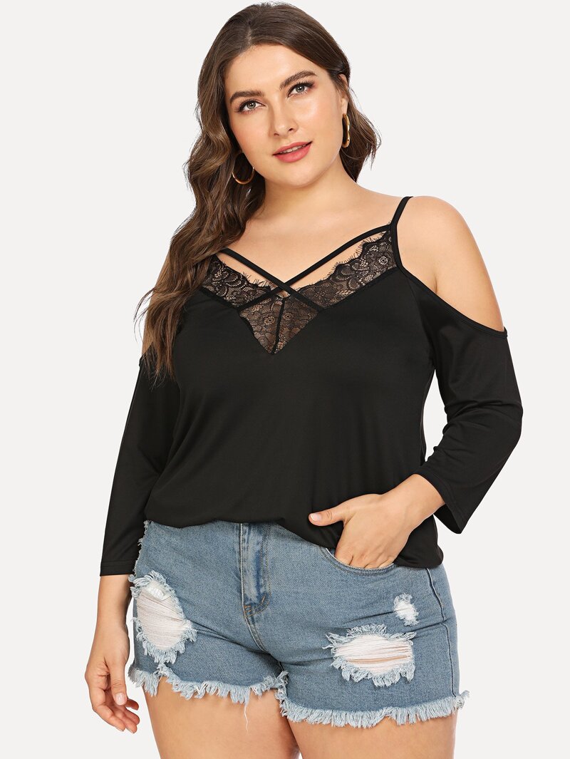 

Plus Contrast Lace Cold Shoulder Tee, Black