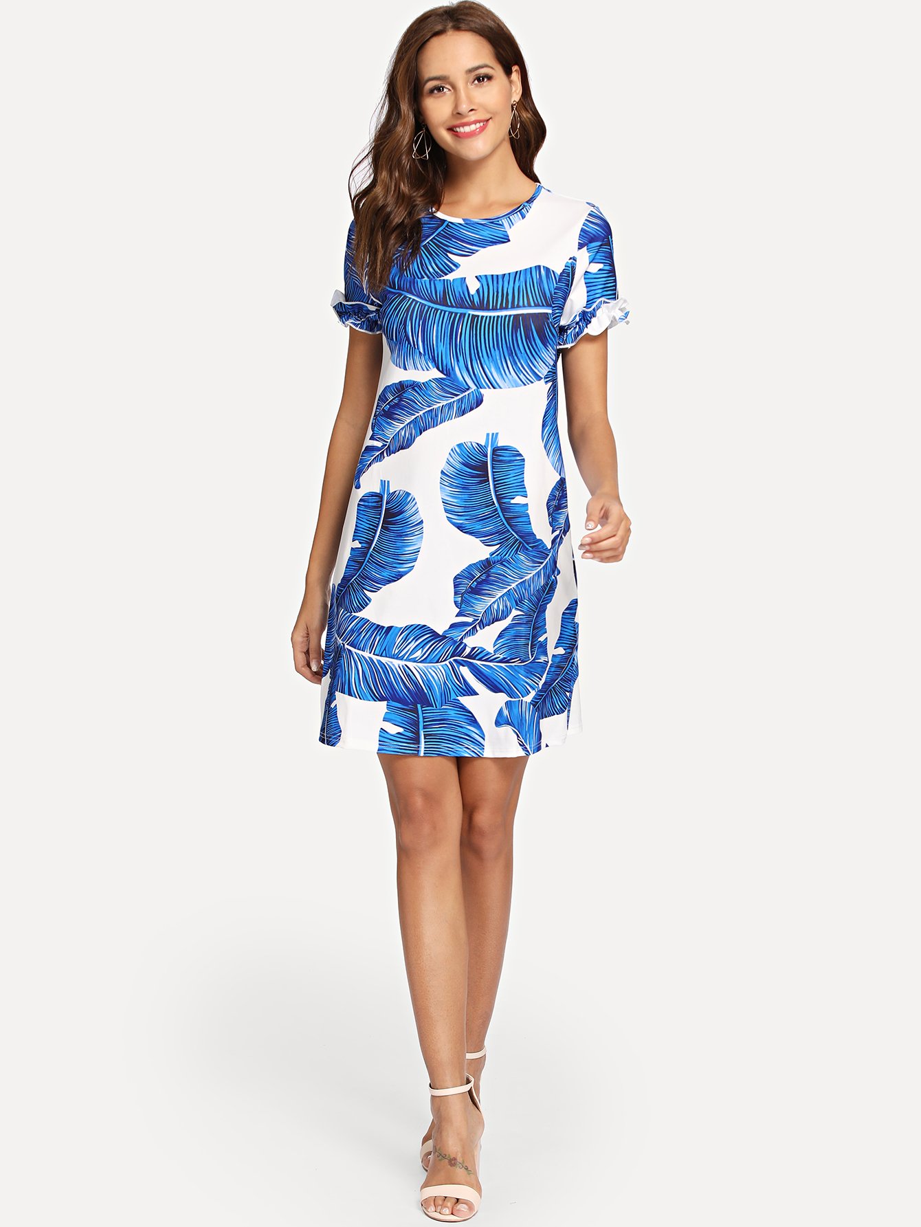 palm leaf print frilled sleeve dress -shein(sheinside)