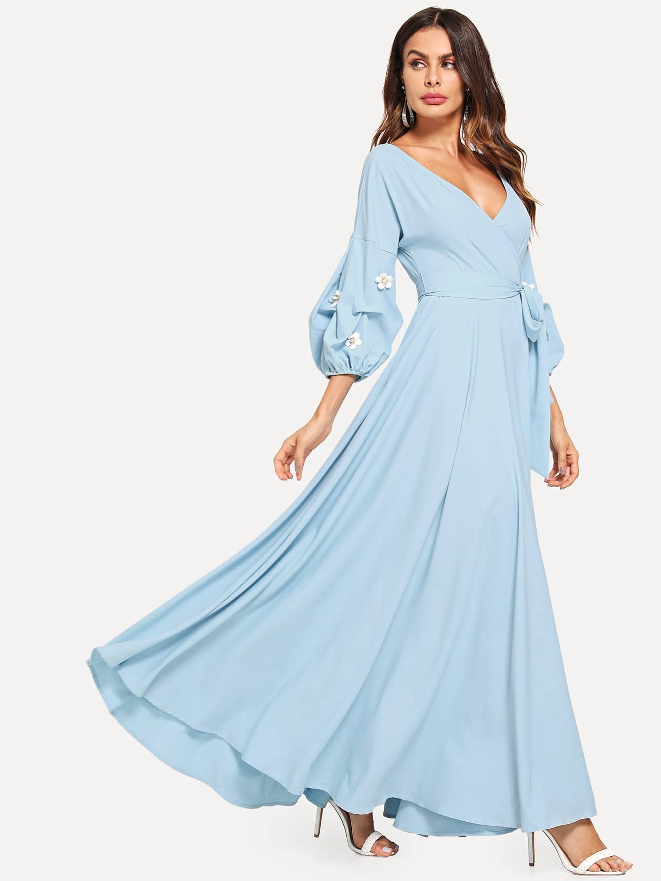 3d applique gathered sleeve surplice wrap dress