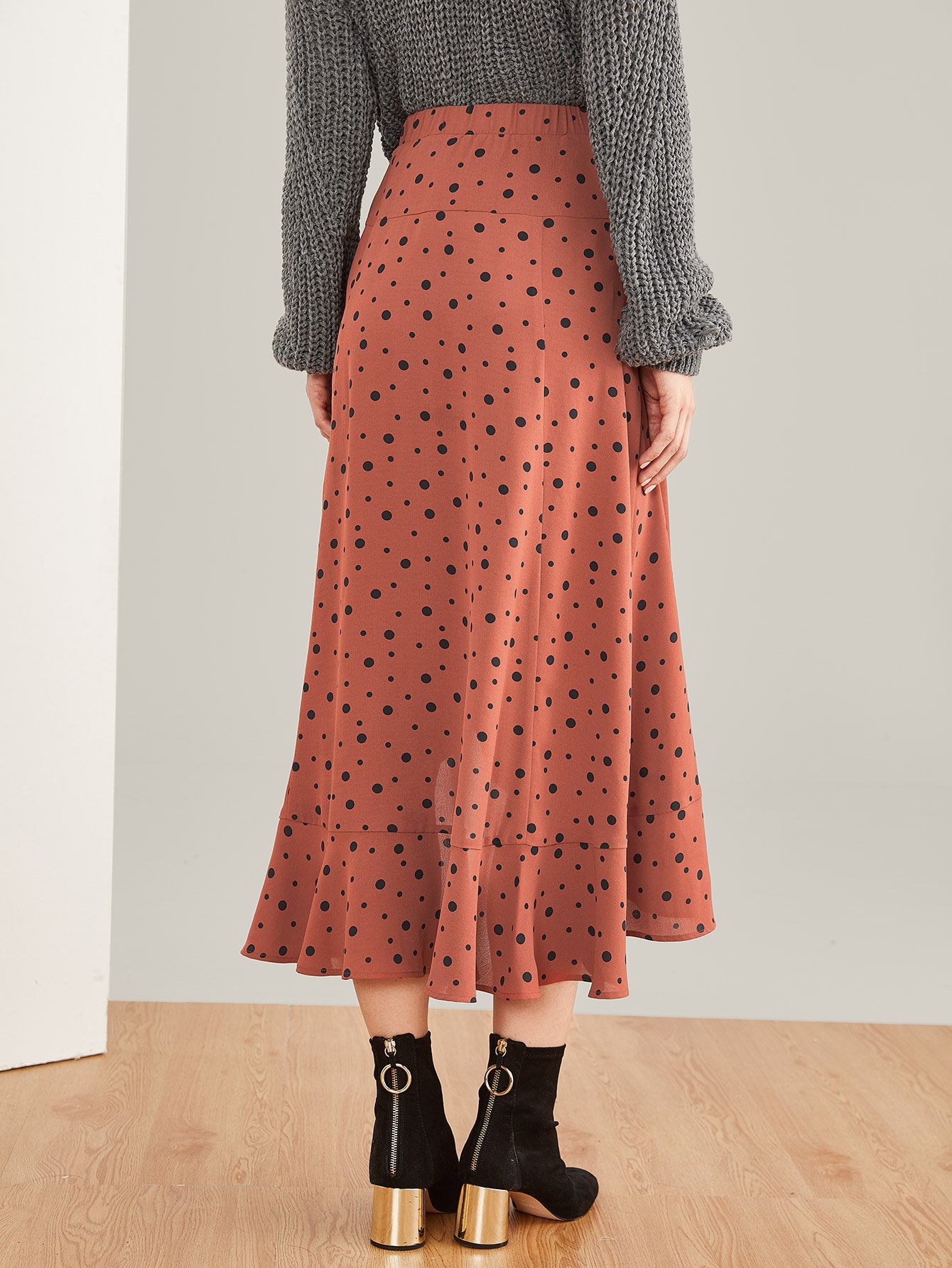 Falda midi de lunares con volante SHEIN