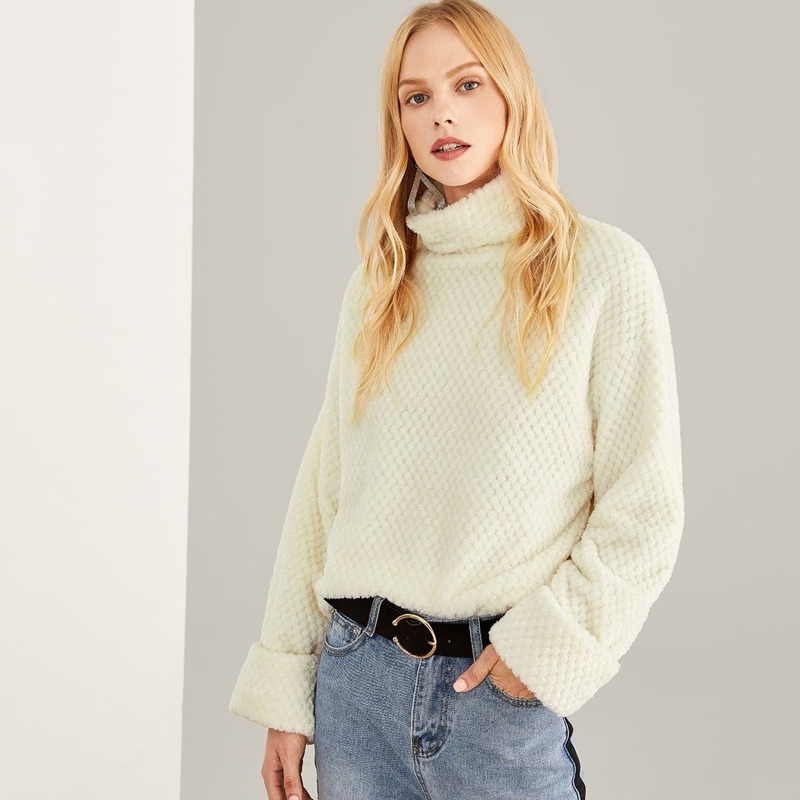 

Stand Neck Soft Solid Teddy Sweatshirt, Beige